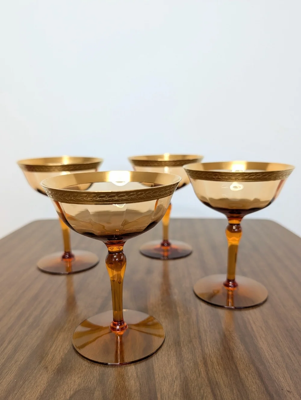 Vintage Amber Glass Gold Rim With Laurel Leaf Pattern Champagne Glasses Set Of 4